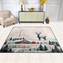 1 pieza Alfombra de área con diseño de árboles de pino, copos de nieve y ciervos, lavable, para usar en salas de estar, dormitorios, hoteles, restaurantes, salas de lectura, de gran tamaño, para decoración interior y exterior