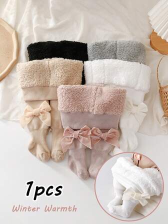1 st tjocka, termofodrade enfärgade strumpbyxor för babyflickor, söt rosettdekoration, varma och bekväma, lämpliga för höst-/vinterkläder