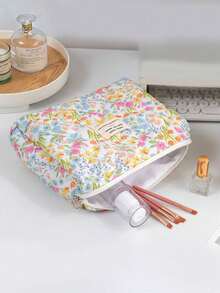 1 Piece/Set Floral Pattern Multi-Functional Cosmetic Storage Wallet Pouch, Portable Makeup Brush Storage Bag With Zipper Closure. It Can Hold Lipsticks, Brushes, Skincare Products, Mobile Phones, Coins And Small Items, Suitable For Home, Travel, Vacation And School Use.