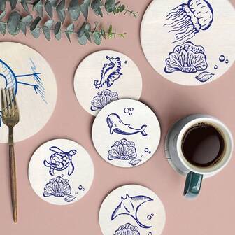 带有素描海洋生物图案的吸水杯垫，采用硅藻土材料制成，隔热咖啡垫，适用于酒吧、家庭聚会、咖啡厅、办公室和各种场合，乔迁礼物