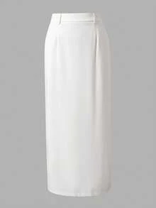 QUNGIGU Falda larga de cintura alta de línea A, de unicolor, básica, con dobladillo dividido, cómoda y casual - Blanco - Ver 5