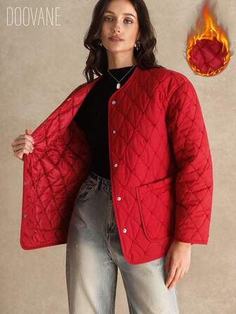 优雅刺绣菱形图案长袖圆领前扣口袋夹棉大衣