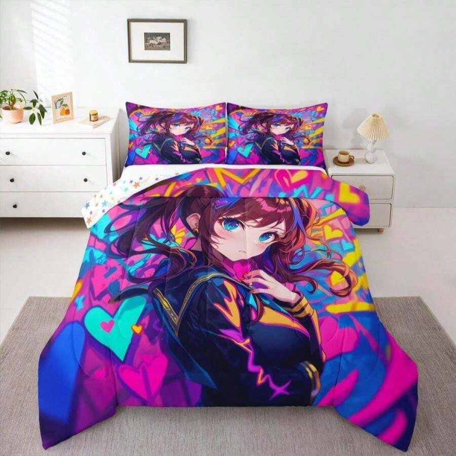 Erosebridal Kids Anime Girl Full Size Comforter Set, Japanese Anime Bedding Set, Cartoon Girl Quilt For Boys Teens Bedroom Decor, Kawaii Japanese Animation Duvet Insert With 2 Pillow Cases - Màu sắcU - Xem 1