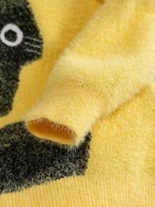 Girls' Cute Cat Pattern Faux Fur Knit Pullover Sweater, Suitable For Casual Everyday Wear, Spring/Autumn/Winter - Yellow - View 7