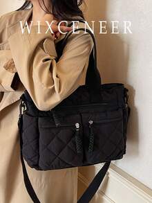 女士大容量尼龙单肩包 - 前置口袋和拉链斜挎设计 - 黑色 - 查看 2