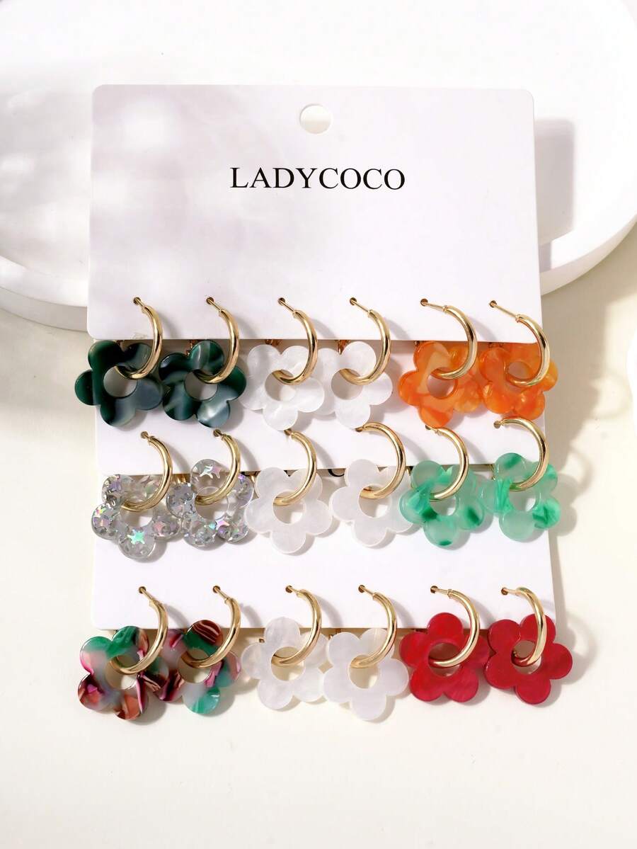 9 对时尚可爱镂空花朵吊坠耳环套装，适合女性约会、派对和日常佩戴