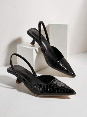 Women's Solid Color Square Textured Kitten Heel Shoes, Elegant Pointed Toe High Heel Sandals, Fashionable Ankle Strap High Heels, Formal Occasion Wedding Party Shoes