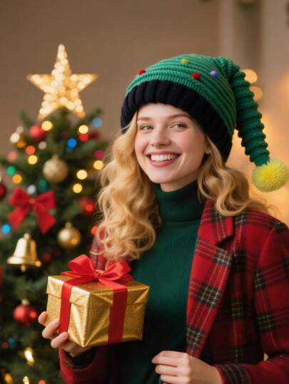 Classic Santa Claus Hat With Lots Of Stretch, Adult Size - Black Brim And Green Body With Pom-Pom Decoration, Soft Polyester Festive Party Hat, Suitable For Both Men And Women, Festive Dress Up Accessory, Hand Wash Only, Christmas Hat