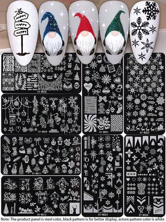 1pc/4/8pcs Christmas Nail Art Stamping Plate, Cartoon Snowflakes Santa Claus Bunny Christmas Tree Gloves Socks Flowers Plants Winter Xmas Design Y2K Style Printing Template Nail Art Accessories Tools, DIY Manicure Salon, Nail Supplies
