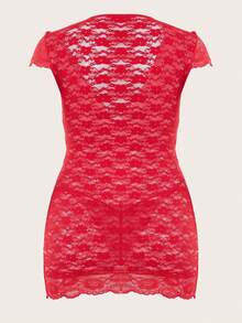 女士加大码蕾丝花卉性感睡衣连体衣网纱娃娃衫睡衣 - 紅色 - 查看 4