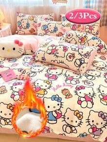 Juego de ropa de cama de 2-3 piezas de Sanrio Hello Kitty/Kuromi/Cinnamoroll/Pochacco/My Melody para otoño/invierno, (1 funda nórdica + 1/2 funda de almohada), funda nórdica de terciopelo de leche y juego de edredón grueso y cálido, funda de edredón suave y cómoda para cama individual/doble para dormitorio estudiantil, hogar (sin relleno) - Blanco - Ver 1