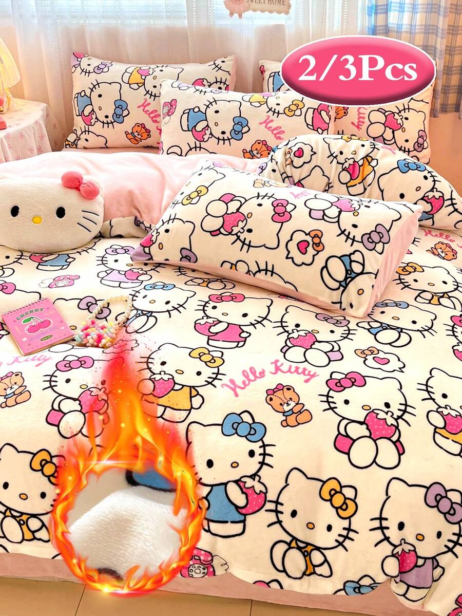 Juego de ropa de cama de 2-3 piezas de Sanrio Hello Kitty/Kuromi/Cinnamoroll/Pochacco/My Melody para otoño/invierno, (1 funda nórdica + 1/2 funda de almohada), funda nórdica de terciopelo de leche y juego de edredón grueso y cálido, funda de edredón suave y cómoda para cama individual/doble para dormitorio estudiantil, hogar (sin relleno) - Blanco - Ver 1