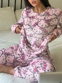 SANRIO 两件套女士KK猫咪长袖睡衣裤套装，优雅浪漫魅力休闲可爱毛绒保暖，适合秋冬季穿着 - 粉色 - 查看 2