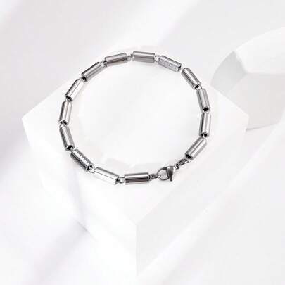 1pc Fashionable & Versatile Stainless Steel Bar Link Bracelet With Lobster Clasp Closure, Suitable For Women And Men