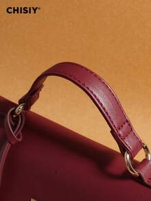 1 件时尚勃艮第天鹅绒拼布简约手提包，适合商务、休闲、购物和学校，正面扭锁手提包，带肩带，斜挎包，百搭复古魅力，优雅独特的女性风格，适合任何场合 - 酒紅色 - 查看 11