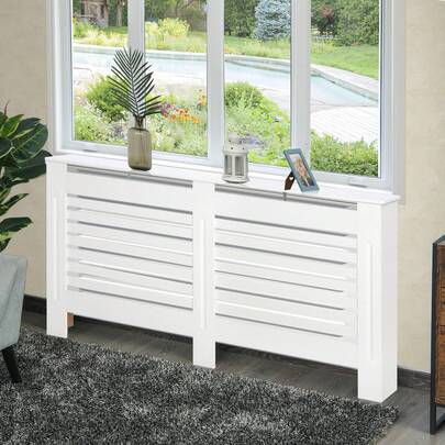  HOMCOM Copritermosifoni a Doghe con Ripiano Portaoggetti, Copricalorifero Moderno, Copertura del Radiatore in MDF, 172x19x81 cm, Bianco