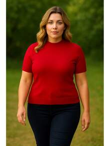 JEWELRY KNITS Short Sleeve Blouse Size G Round Neck | Short Sleeve Blouse G | Basic Short Sleeve Blouse | Basic G - Đỏ - Xem 4