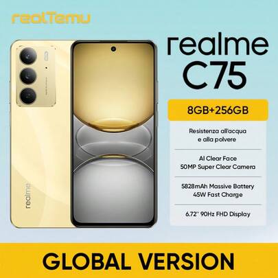  Realme C75，智能手机，8GB+256GB，5828mAh电池，支持45W SuperVOOC超级闪充，USB Type-C接口。运行基于Android 15的Realme UI 6.0系统，支持4G LTE网络，不含充电器。