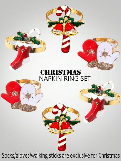 6pcs Elegant Mini Christmas Napkin Rings, Crafted With Exquisite Enamel Finish, Made Of High-Quality Alloy Material, Suitable For Weddings, Birthdays, Banquets, Holiday Outdoor Parties, Daily Dining Table Decor, Beautiful Christmas Celebration Accessories