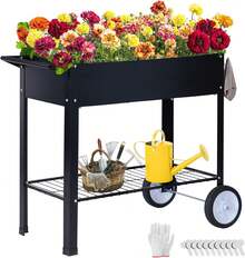 Raised Planter Box With Wheels Outdoor Elevated Raised Garden Bed On Wheels Mobile Planter Cart With Storage Shelf Vegetables, Flowers, Herbs Planting
