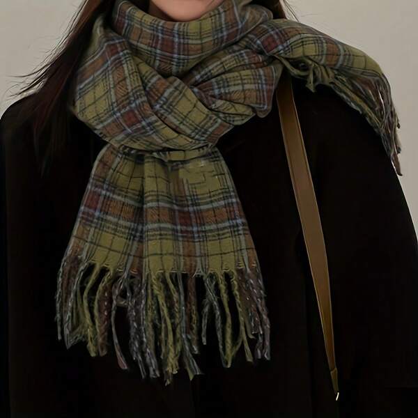 1pc Women's Elegant Green Plaid Tassel Scarf - Soft, Warm, Windproof Shawl Wrap, Plaid Pattern, Non-Elastic Durable Suitable For Winter, Multifunctional To Wrap Coat Or Neck, Hand Washable And Retains Shape, New Women's Winter Plaid Scarf, Green Plaid Scarf, Simple Fashion Tassel Loop Scarf Warm Shawl Unisex, Simple Fashion Tassel Loop Scarf Warm Shawl Blanket Unisex, Scarf/Shawl