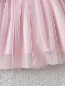 女童芭蕾舞者图案长袖圆领网眼裙休闲公主裙 - 粉色 - 查看 8