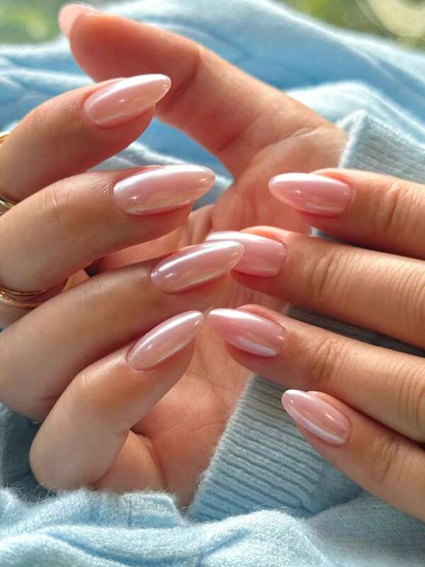 24pcs Short Almond-Shaped Metallic Electroplated Light Pink Manicure Set, Includes Jelly Gel And Nail Files