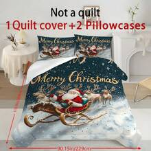 Decorațiuni de Crăciun, set de lenjerie de pat cu husă de pilotă, 2/3 buc, cu imprimeu de Moș Crăciun și reni, roșu, verde și auriu, set de pilotă, cu 1 husă de pilotă și 2 fețe de pernă, cuvertură de pat king-size, cearșaf de pat, poliester moale, prietenos cu pielea, lavabil la mașină, curățare chimică. Este potrivit pentru decorarea casei și a dormitorului, decorul camerei, decorul dormitorului, articole de decorare a camerei, set de pilotă queen-size, este un cadou bun de ziua de naștere.