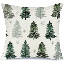 1pc Christmas Pillow Cover With Christmas Tree & Snowflake Pattern, Rustic Holiday Winter Pillow Sham, Home Sofa Cushion Decor, Single-Sided Design, Pillow Insert Not Included - Green - View 11