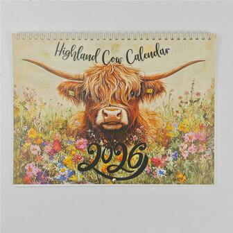 2026 Highland Cow Calendar - Whimsical Highland Cow In Bathtub With Floral Design, Monthly Planner For Office & Home Decor, Perfect Gift For New Year Or Christmas, Paper Material, Flip-Page Style, Hig