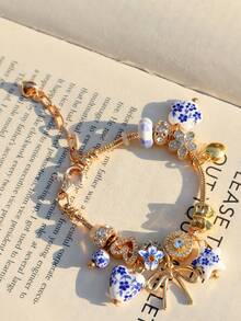 1pc Vintage Ceramic Charm Bracelet, Imitation Blue And White Porcelain Heart Flower Bracelet, Star Bracelet, Ceramic Heart Bow Bracelet