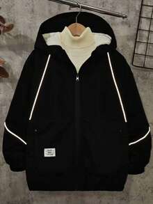 Kurtka z kapturem Tween Boy Casual Reflective Cord, gruba ocieplana podszewka, styl uliczny, jesień/zima - Czarne - Zobacz 5