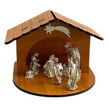 Nacimiento navideño chico MDF con figuras metálicas decoración Navidad set artesanal mexicano adorno religioso para mesa sala hogar compra especial celebración estilo tradicional - Plateado - Ver 5