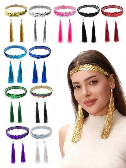 1 Set Women's Retro 70s/80s Disco Chic Accessories - Sequin Headband + Tassel Earrings, Suitable For Retro Disco Style, Christmas, Halloween, Parties, Music Festivals, Eye-Catching Combination Friends Costume For Party