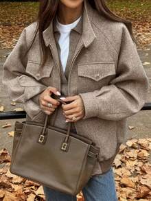 Doriss Plus Size High End Stand Collar Flap Pocket Herringbone Zip Up Jacket, Back To School, Solid Color, Suitable For Dinner, Old Money Style, Bohemian Style