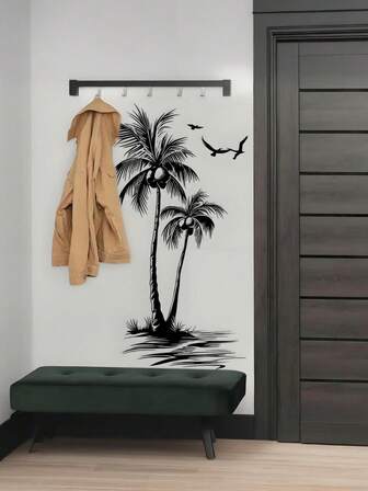 1 pieza Pegatina de pared con árbol de coco tropical, gaviota y pájaro para decoración del hogar en baño, sala de estar, dormitorio, habitación infantil, puerta, fondo de TV y sofá