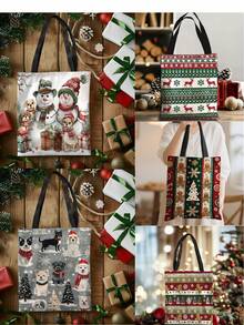 5 piezas, Bolsa de tela estampada por ambos lados con muñeco de nieve, árbol de Navidad y hombre de jengibre, bolsa de la compra con estampado animal, estilo bohemio y académico, ideal para regalos de Navidad, Acción de Gracias y Pascua, adecuada para uso diario, picnics, vacaciones en la playa, trabajo y escuela, 16in*14in