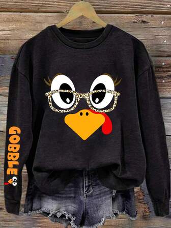 Women's Thanksgiving Funny Turkey Graphic Print Pullover Sweatshirt, Casual Holiday Party For Fall