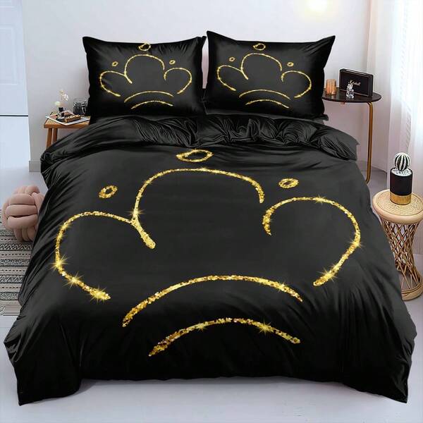 Conjunto de capa de edredom com rabiscos de coroa dourada 3D, conjunto de capa de edredom com grafite desenhado à mão, conjunto de cama real (tamanho 135 x 200, apenas 1 fronha)