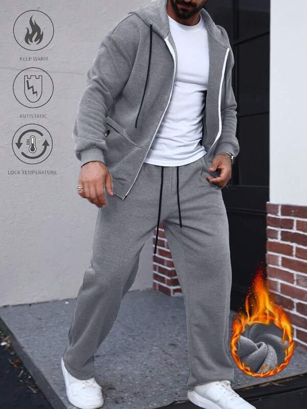 2pcs Men's Casual Hoodie And Sweatpants Set, Thermal Lined Thick Outdoor Jacket And Pants, Autumn/Winter,Fleece