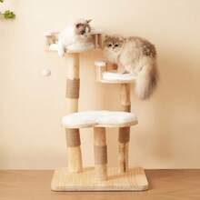 Solid Wood Cat Tree With Exercise Wheel, 4 Platforms, 2 Niches And Sisal Posts, Dimensions 80x40x152 Cm, Washable Scratching Mats, Activity Cat Tree - White + Wood - View 2