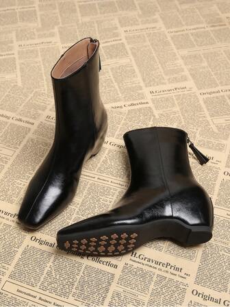 French Retro Black Ankle Boots For Women, New Autumn Style, Square Toe, Hidden Wedge Heel, Chic & Slim Fit