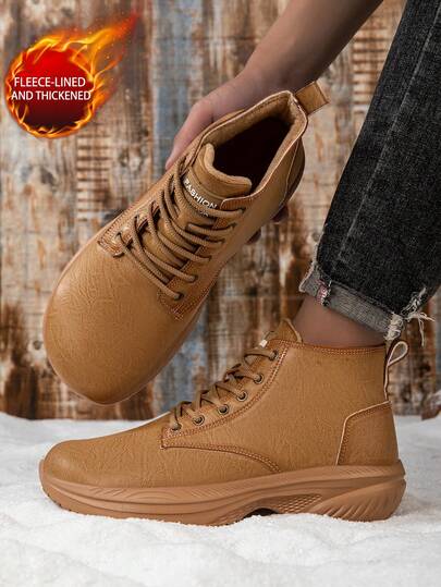 Plus Size Men's Boots, Solid Color Thick Sole Sneakers, Lace-Up Outdoor Sports Boots, Fashion Versatile British Style Casual Shoes, Fleece Lined & Warm