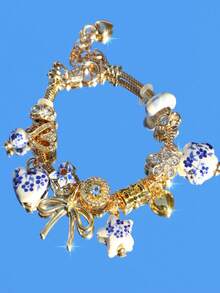 1pc Vintage Ceramic Charm Bracelet, Imitation Blue And White Porcelain Heart Flower Bracelet, Star Bracelet, Ceramic Heart Bow Bracelet