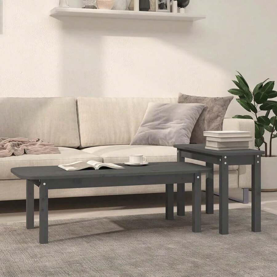 vidaXL 2-Teiliges Couchtisch-Set, Grau, Massivholz Kiefer - Grey - View 1
