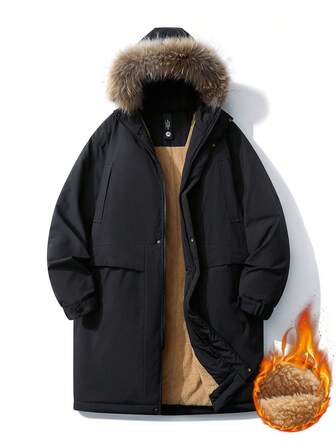 Plus Size Long Sleeve Padded Coat, Mid-Length, Thick, Detachable Fur Collar, Hooded, Suitable For Winter