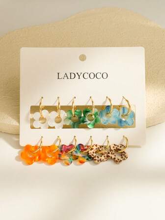 6 Pairs Fashionable & Cute Multi-Color Hollow Flower Pendant Earrings Set, Suitable For Women To Wear On Dates, Parties And Everyday