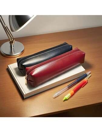 1 pièce Trousse à crayons avec texture de peau d'huile, style rétro minimaliste pour étudiants, petite capacité, pochette de papeterie en PU