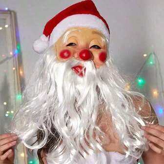 1pc Santa Claus Mask With White Beard, Christmas Party Prop