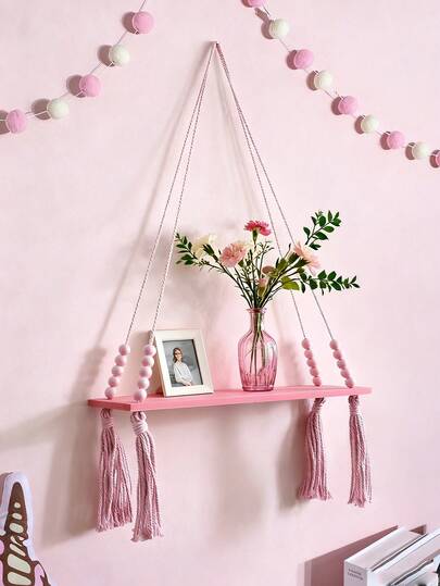 1 PIEZA Estantería colgante rosada bohemia con flecos y cuentas, estantería flotante decorativa de madera montada en la pared para dormitorio, sala de estar - Organizador bohemio lindo para plantas pequeñas, juguetes y accesorios, decoración del hogar, decoración de habitación, decoración de pared